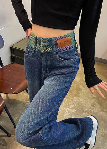 Women Black High Waist Patchwork Denim Straight Pants Spring