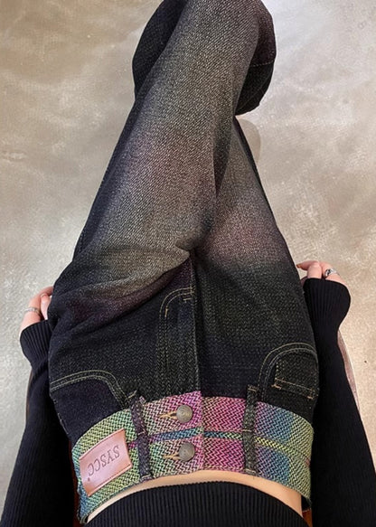 Women Black High Waist Patchwork Denim Straight Pants Spring