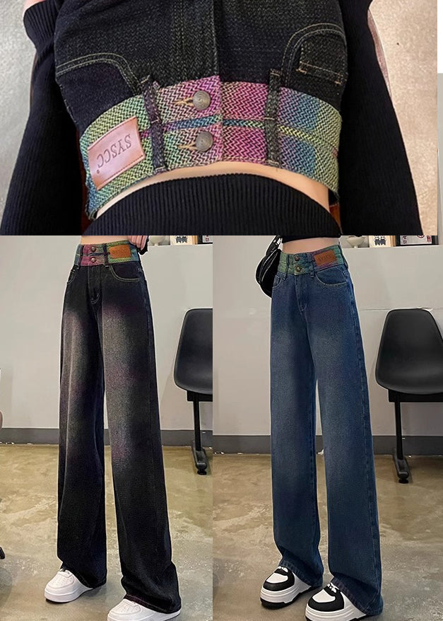 Women Black High Waist Patchwork Denim Straight Pants Spring