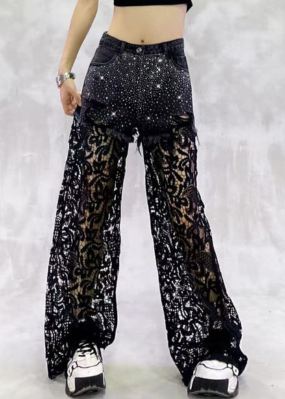 Women Black High Waist Rhinestone Hollow Out Lace Patchwork Denim Wide Leg Pants Summer