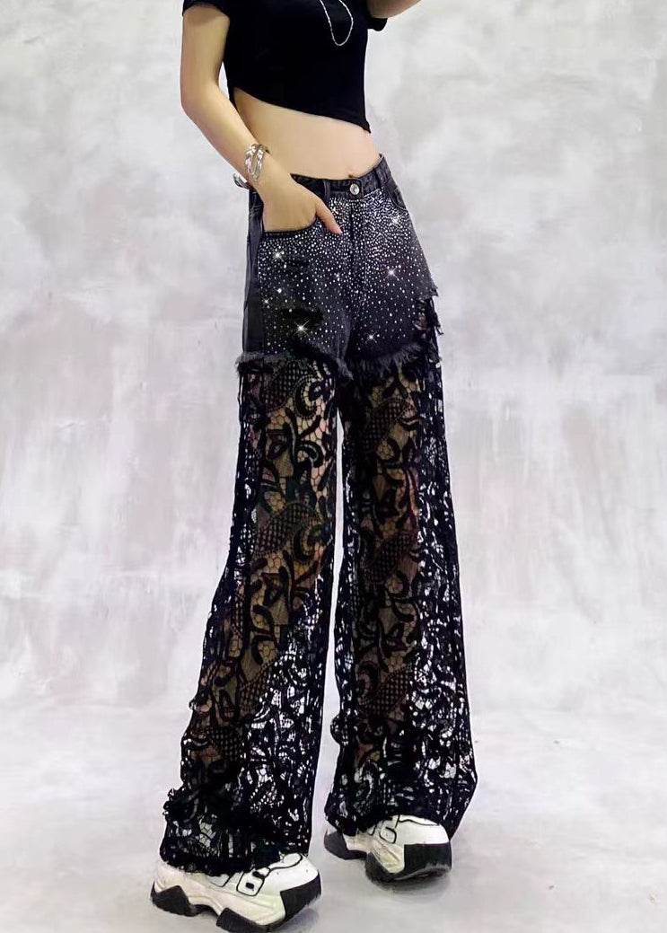Women Black High Waist Rhinestone Hollow Out Lace Patchwork Denim Wide Leg Pants Summer
