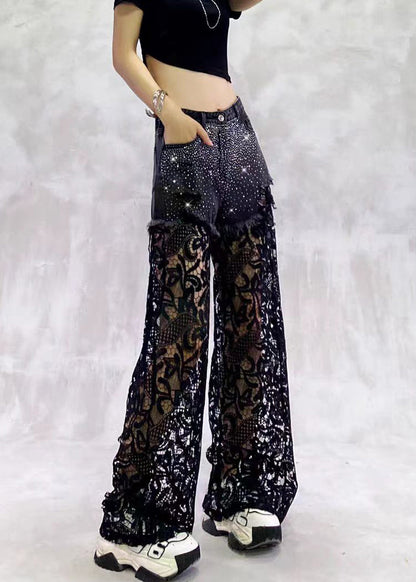 Women Black High Waist Rhinestone Hollow Out Lace Patchwork Denim Wide Leg Pants Summer
