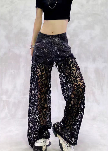 Women Black High Waist Rhinestone Hollow Out Lace Patchwork Denim Wide Leg Pants Summer