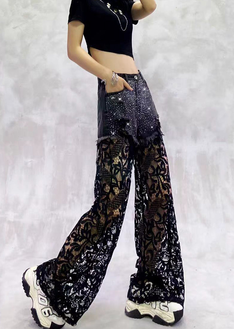 Women Black High Waist Rhinestone Hollow Out Lace Patchwork Denim Wide Leg Pants Summer