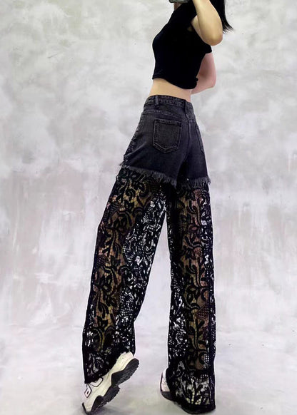 Women Black High Waist Rhinestone Hollow Out Lace Patchwork Denim Wide Leg Pants Summer