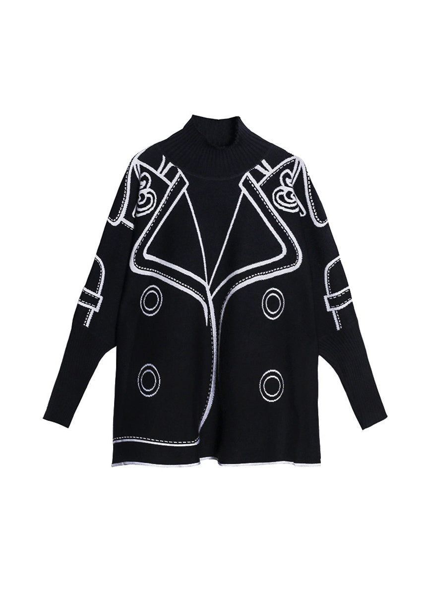 Women Black Hign Neck Wear On Both Sides Knit Sweaters Long Sleeve