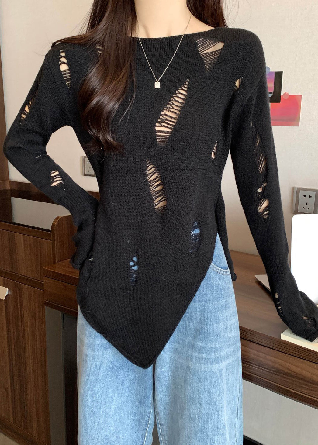 Women Black Hollow Out Thin Knit Sweater Spring