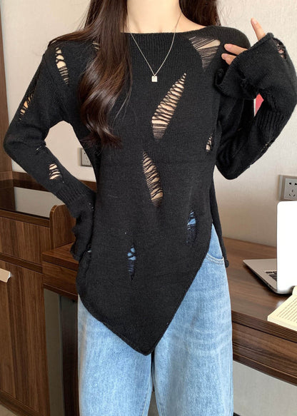 Women Black Hollow Out Thin Knit Sweater Spring