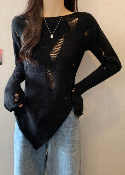 Women Black Hollow Out Thin Knit Sweater Spring