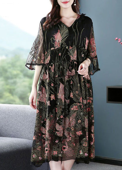 Women Black Hooded Embroideried Silk A Line Dress Summer