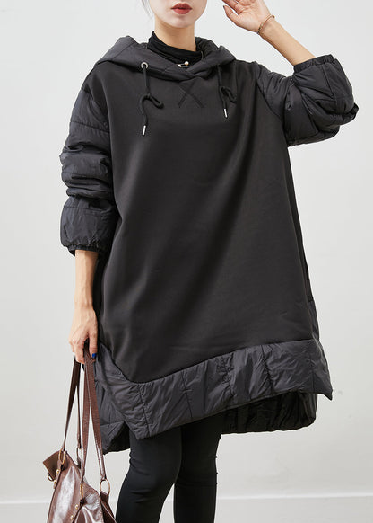 Women Black Hooded Patchwork Thick Cotton Pullover Sweatshirt Dress Fall