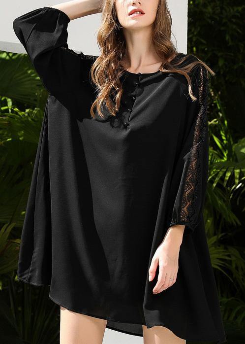Women Black Lace Chiffon Button SummerDresses - SooLinen