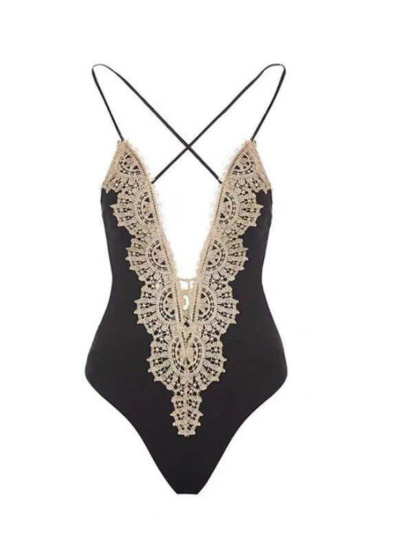 Women Black Lace Patchwork Backless Sexy Swimwear Bodysuit
