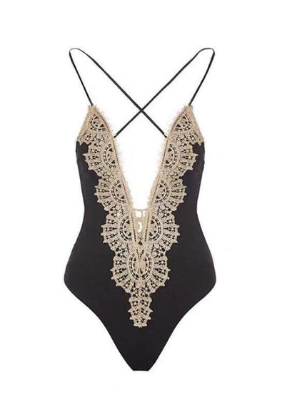 Women Black Lace Patchwork Backless Sexy Swimwear Bodysuit