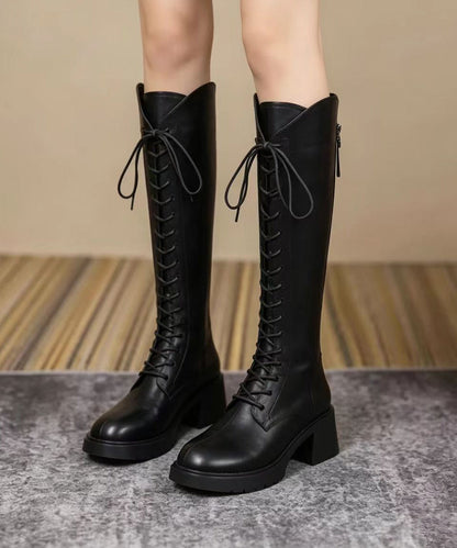 Women Black Lace Up Square Toe Faux Leather Chunky Knee Boots