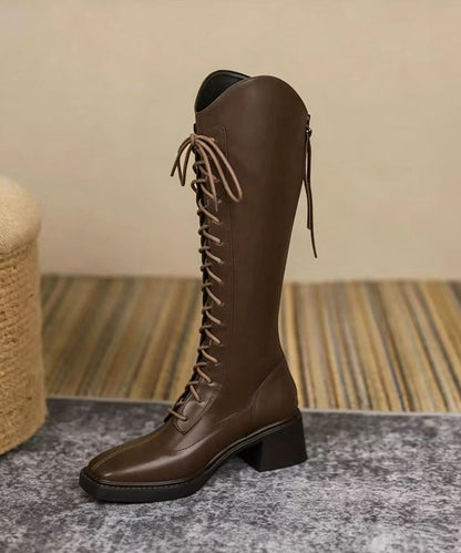 Women Black Lace Up Square Toe Faux Leather Chunky Knee Boots