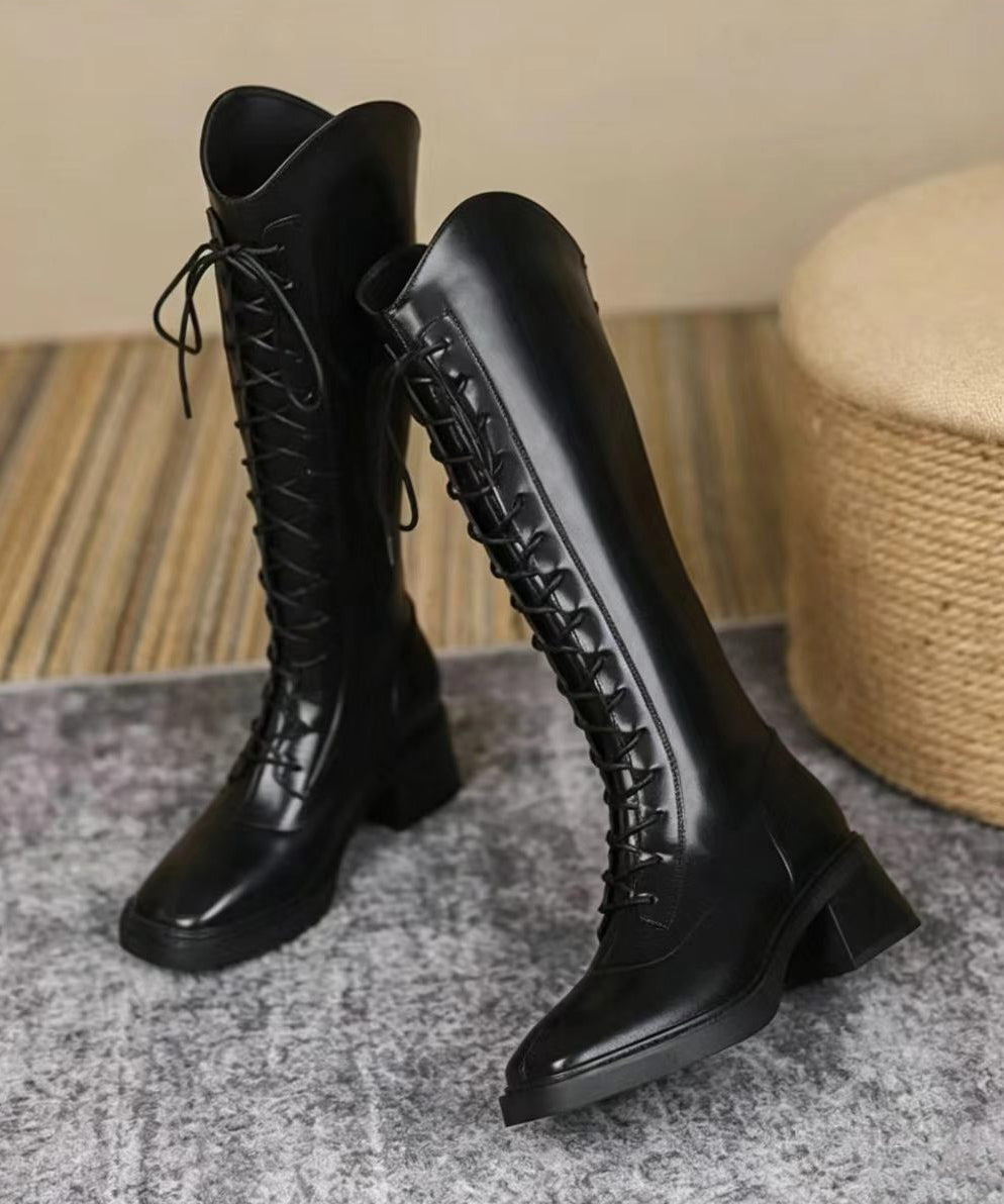 Women Black Lace Up Square Toe Faux Leather Chunky Knee Boots