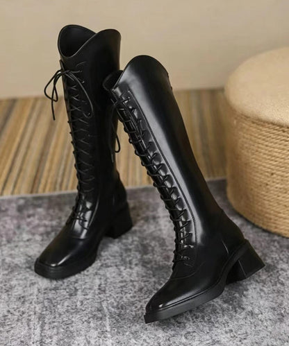 Women Black Lace Up Square Toe Faux Leather Chunky Knee Boots