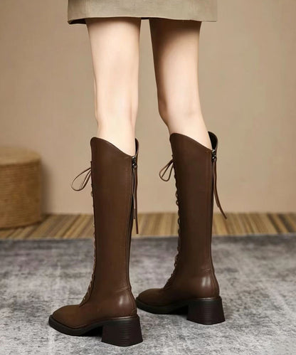 Women Black Lace Up Square Toe Faux Leather Chunky Knee Boots