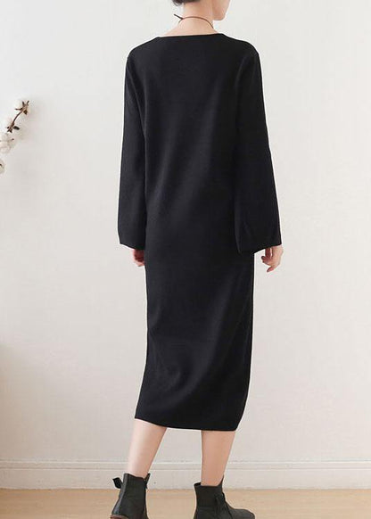 Women Black Long Sleeve Fall Slim fit Knit Dress - SooLinen