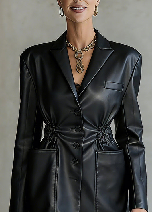 Women Black Notched Wrinkled Pockets Faux Leather Coats Spring