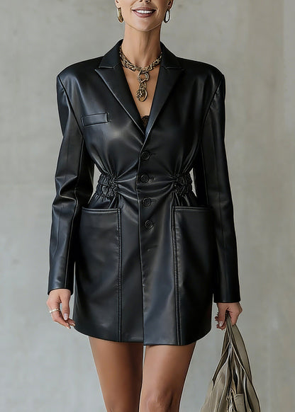 Women Black Notched Wrinkled Pockets Faux Leather Coats Spring