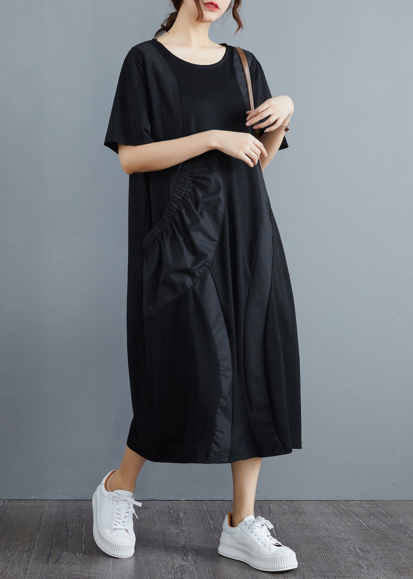 Women Black O-Neck Big Pocket Patchwork Long Dress Short Sleeve