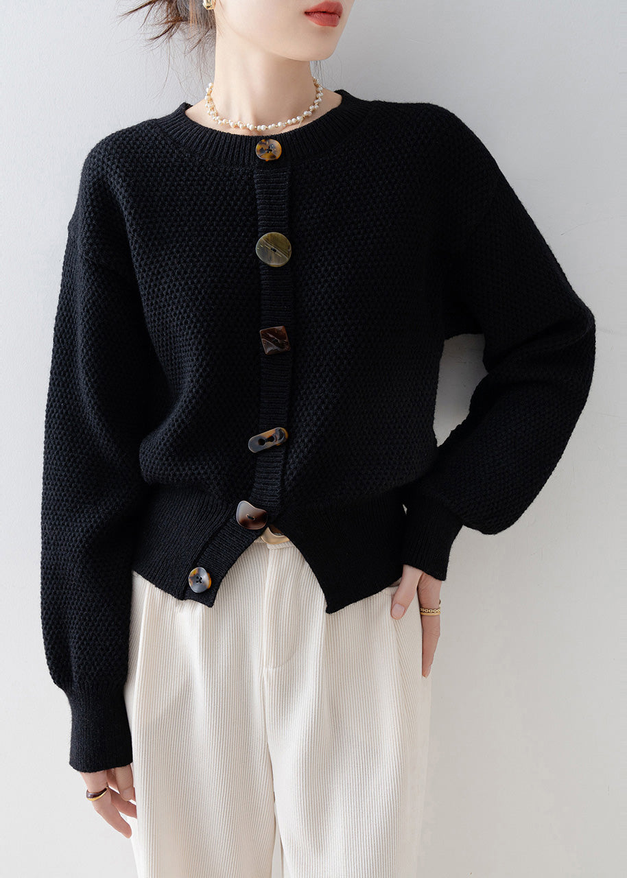 Women Black O-Neck Cozy Knit Cardigan Winter