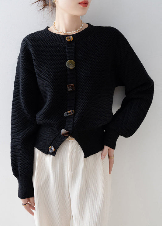 Women Black O-Neck Cozy Knit Cardigan Winter