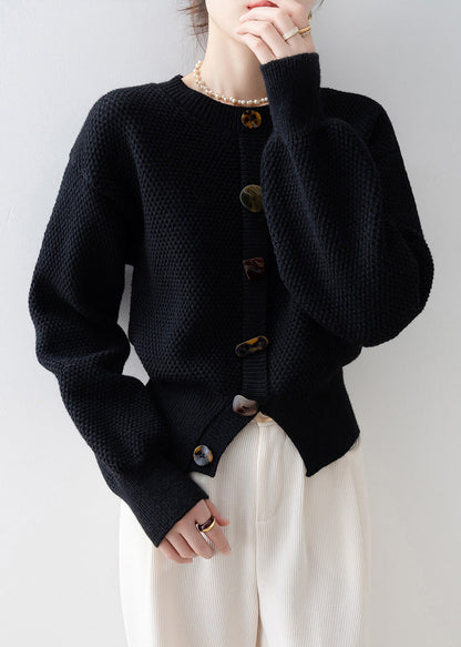Women Black O-Neck Cozy Knit Cardigan Winter