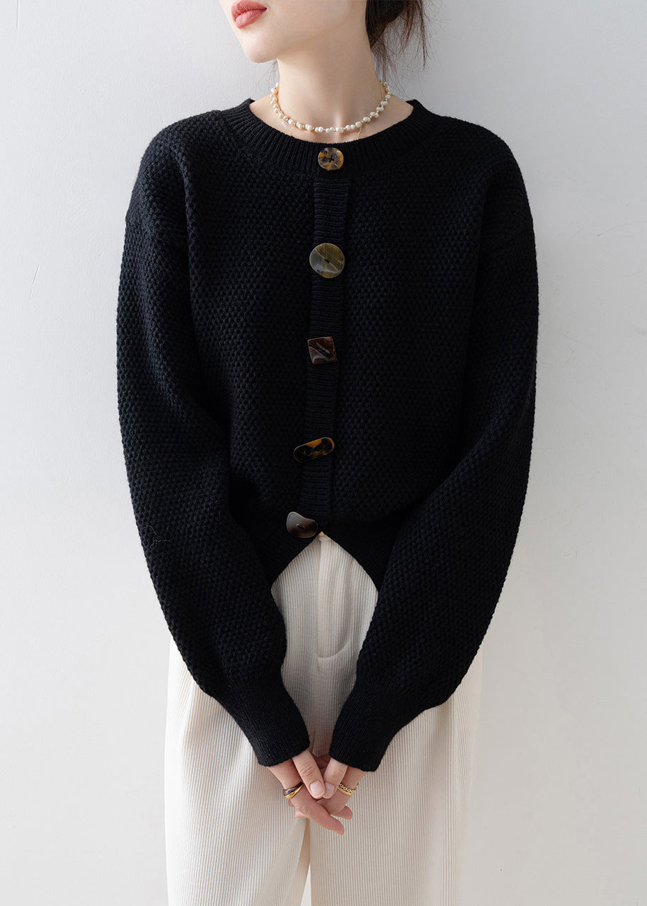 Women Black O-Neck Cozy Knit Cardigan Winter