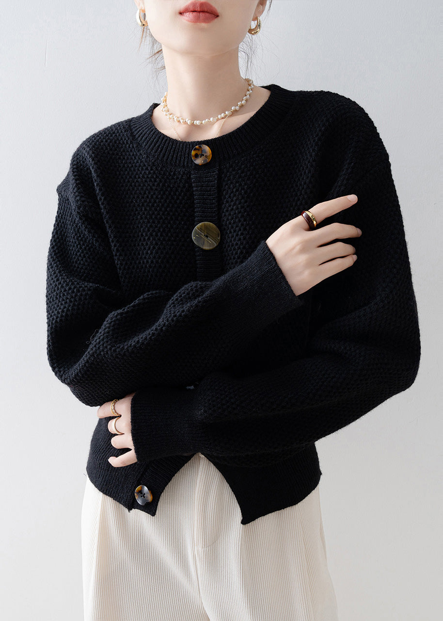Women Black O-Neck Cozy Knit Cardigan Winter