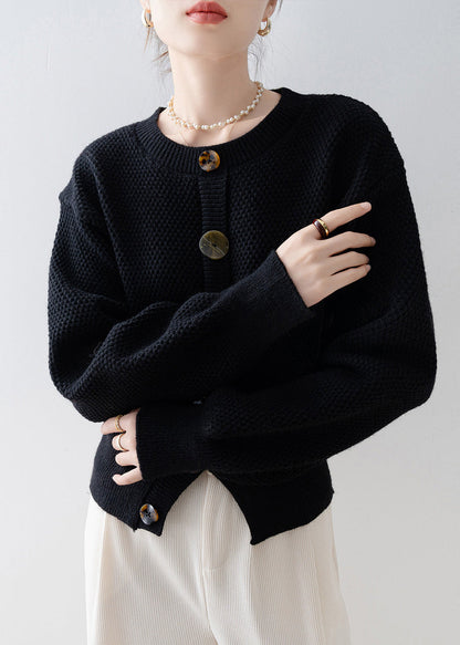 Women Black O-Neck Cozy Knit Cardigan Winter