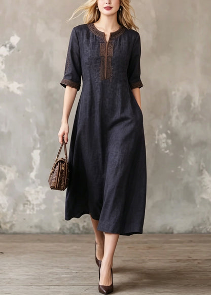 Women Black O-Neck Embroidered Silk Dress Summer