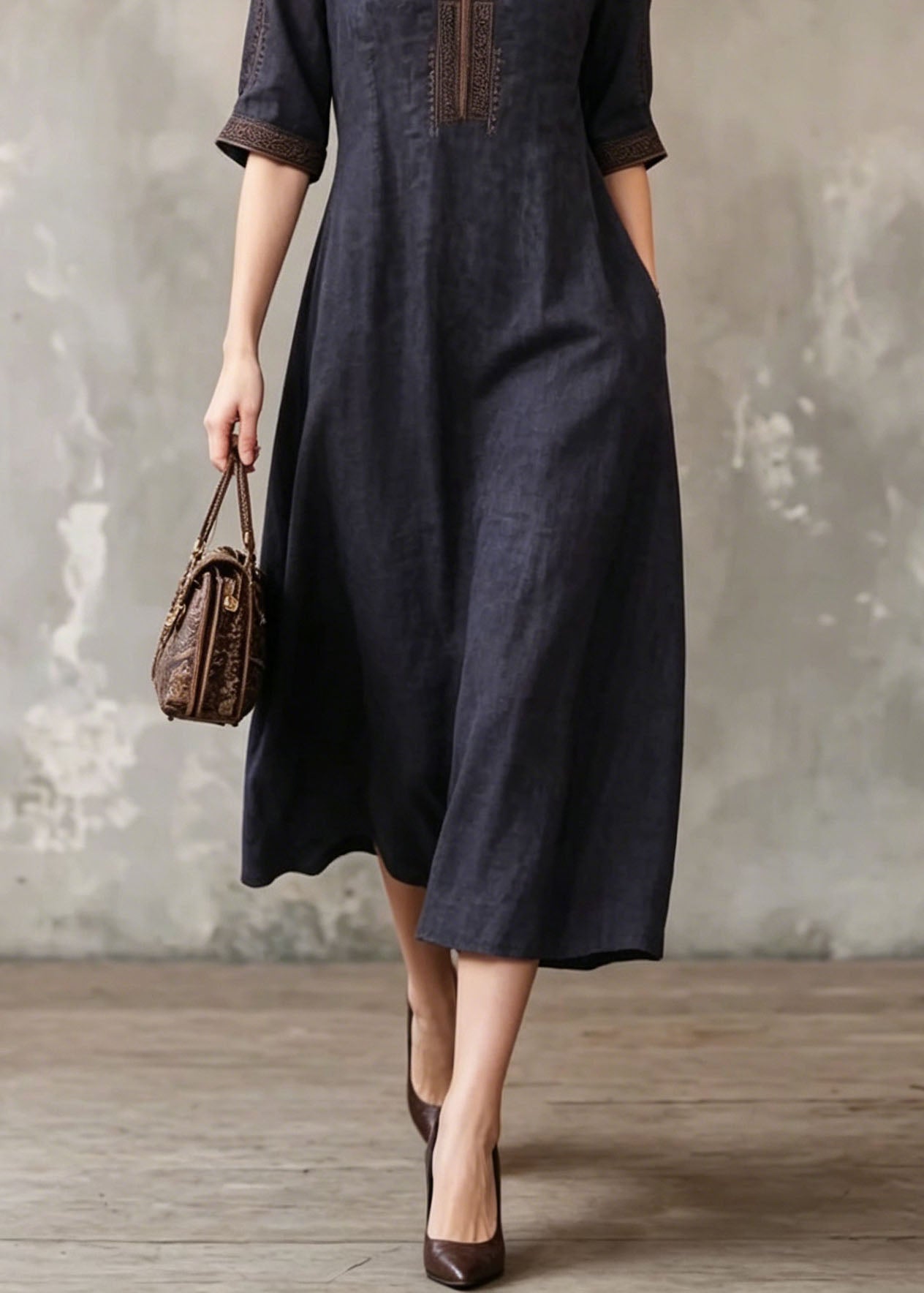 Women Black O-Neck Embroidered Silk Dress Summer