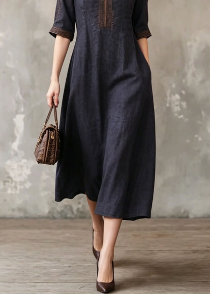 Women Black O-Neck Embroidered Silk Dress Summer