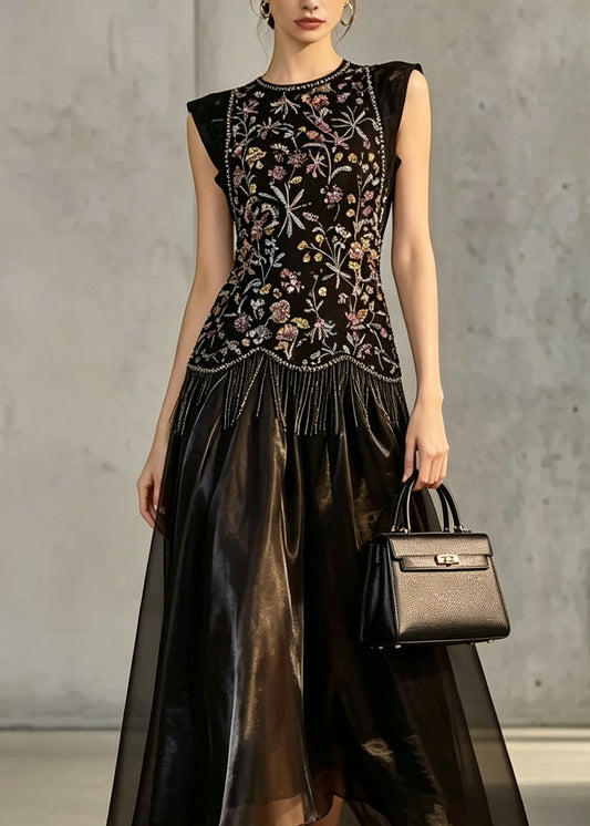 Women Black O Neck Embroidered Silk Two Piece Suit Set Summer