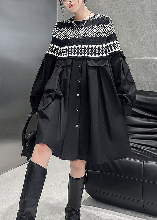 Women Black O Neck Knit Patchwork Cotton Dresses Spring