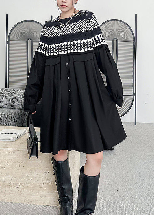 Women Black O Neck Knit Patchwork Cotton Dresses Spring