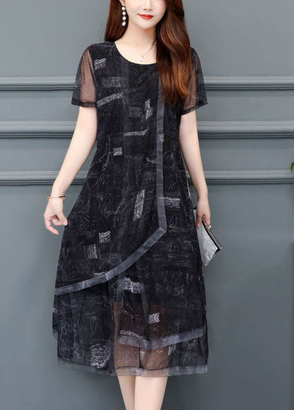 Women Black O-Neck Print Chiffon Holiday Dress Summer