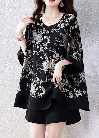 Women Black O Neck Print Loose Chiffon Top Summer