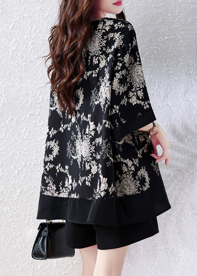 Women Black O Neck Print Loose Chiffon Top Summer