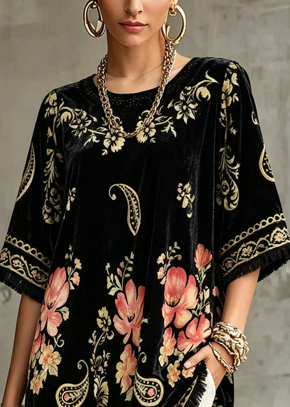 Women Black O-Neck Print Silk Top Short Sleeve