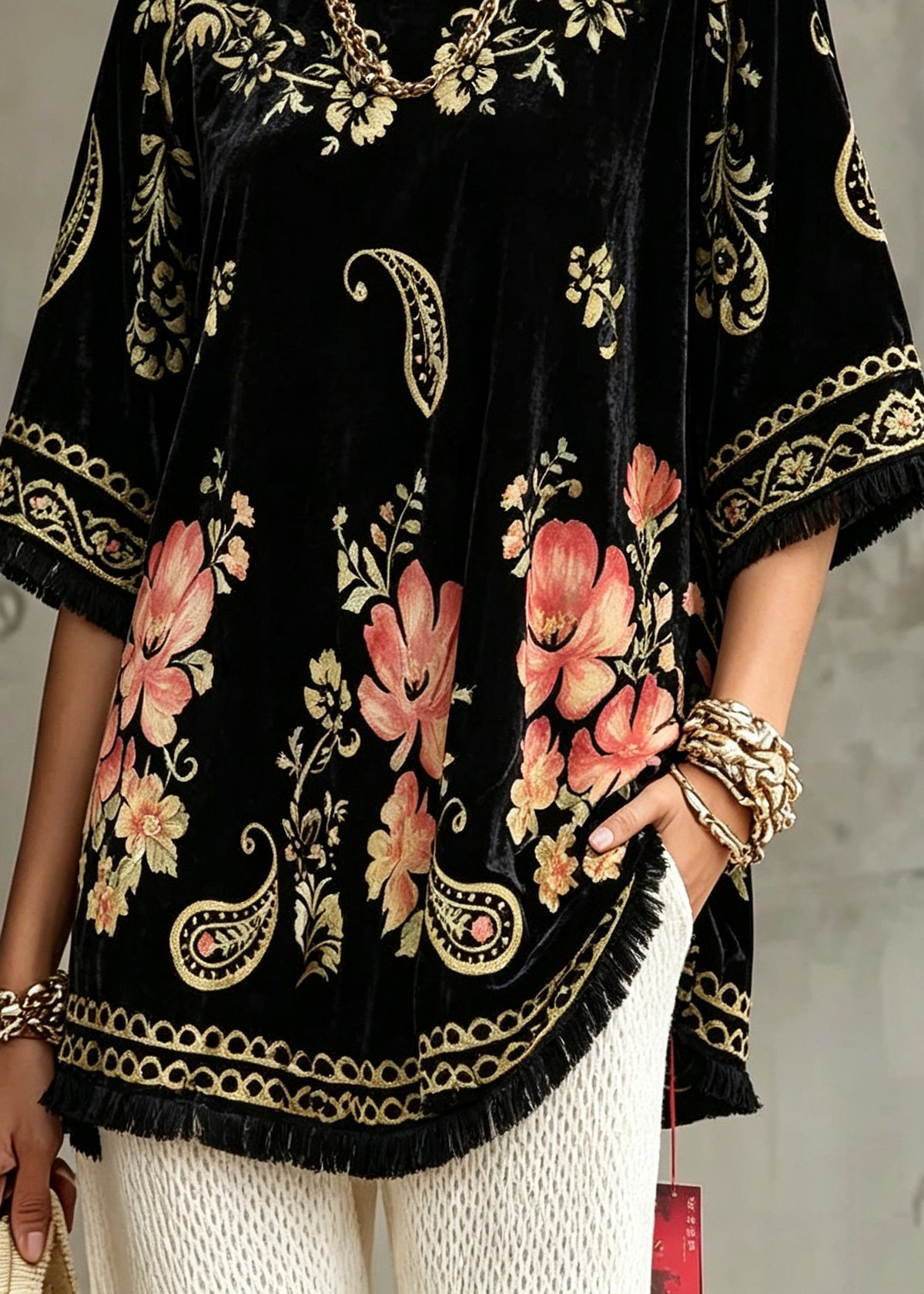 Women Black O-Neck Print Silk Top Short Sleeve