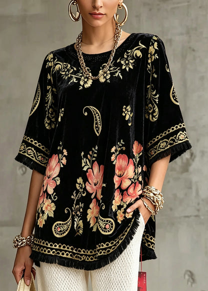 Women Black O-Neck Print Silk Top Short Sleeve