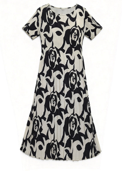 Women Black O Neck Print Wrinkled Loose Dress Summer