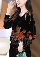 Load image into Gallery viewer, Women Black O Neck Ruffled Print Silk Velour Tops Long Sleeve