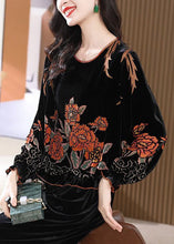 Load image into Gallery viewer, Women Black O Neck Ruffled Print Silk Velour Tops Long Sleeve