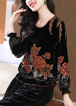 Load image into Gallery viewer, Women Black O Neck Ruffled Print Silk Velour Tops Long Sleeve