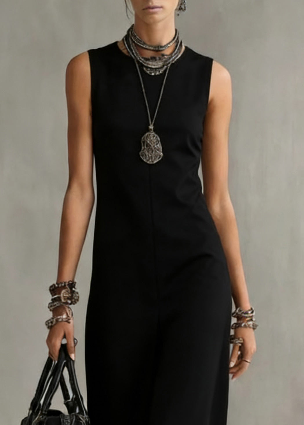 Women Black O Neck Solid Cotton Long Dress Sleeveless